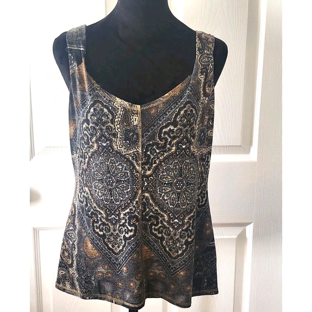 Linda Lundstom Blue & Metallic Gold  Print Tank Top Size 10